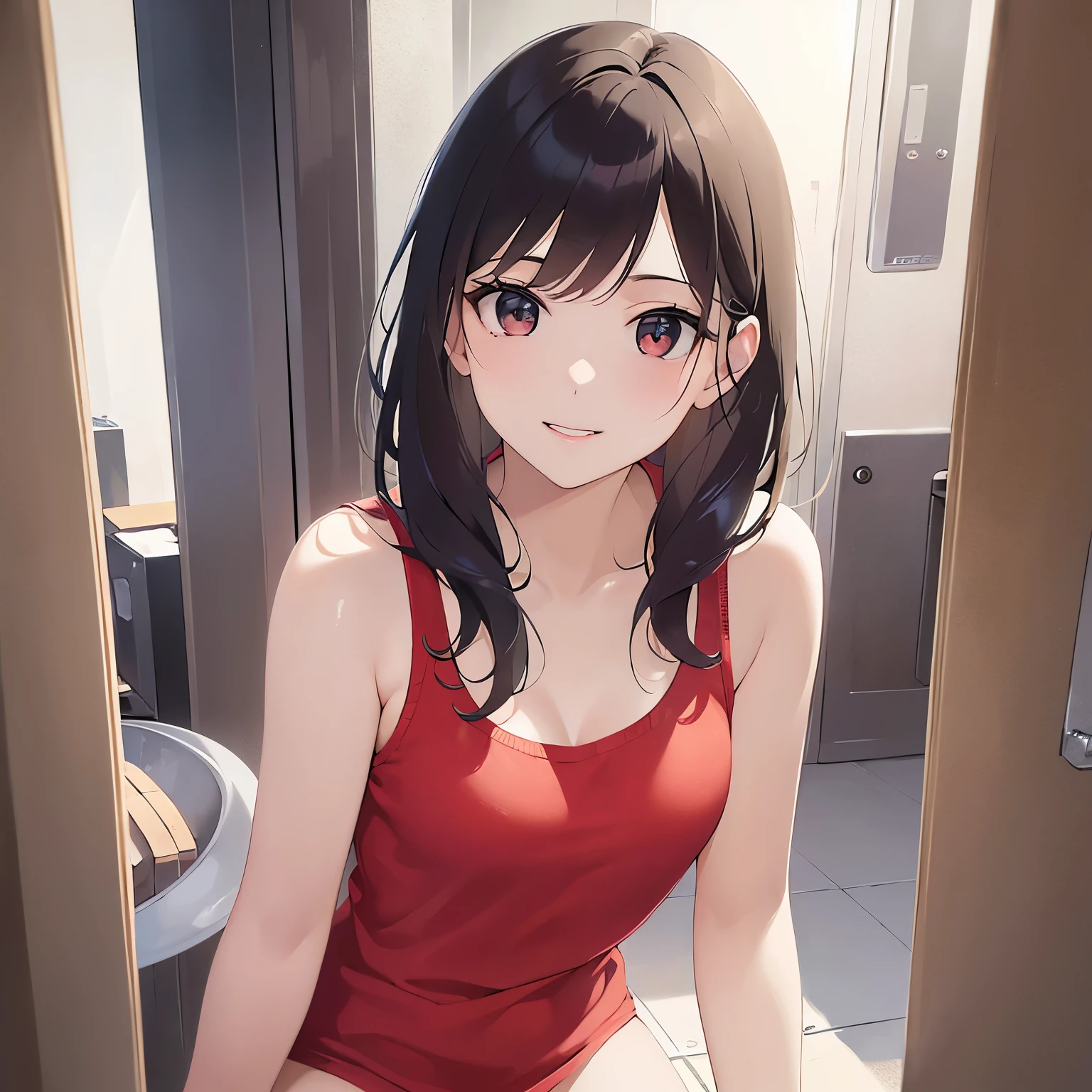 (looking to the side:1.5),leaning forward 、Shooting from the front、upper body,Realistic, real person, (pale skin: 1.2), RAW photo, photorealistic, shiny skin, shiny hair、 (A 25-year-old woman with medium-length hair and bangs) and (wavy hair) and (brown hair) and (Orange Eyes),smile、The background is the washroom,（yellow tank top）、opening the door
