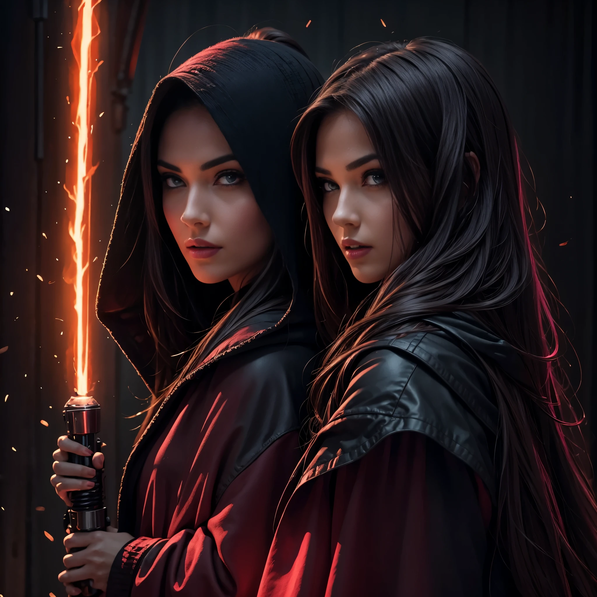 2 beautiful detailed woman with long dark hair wearing a black hooded robe, dramatic lighting,glowing red lightsaber,(2 girls,masterpiece:1.2),ultra-detailed,photorealistic,sci-fi,dramatic cinematic lighting,moody atmosphere,dark fantasy,high contrast,muted color palette