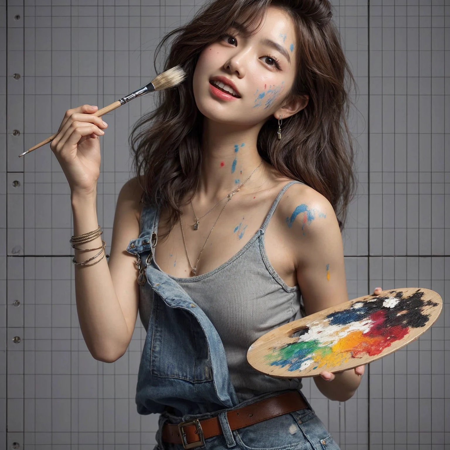 a high-resolution realistic image of a young korean woman in a playful and creative pose. She holds a palette of paint in one hand and a paintbrush in the other. she has paint splatters on her face, neck, and shoulders, giving a artistic vibe. wearing a gray tank top and denim pants. hairstyled in a loose, casual manner. The background is grafity, focusing attention on the subject. The overall atmosphere should be lighthearted and creative, capturing the joy