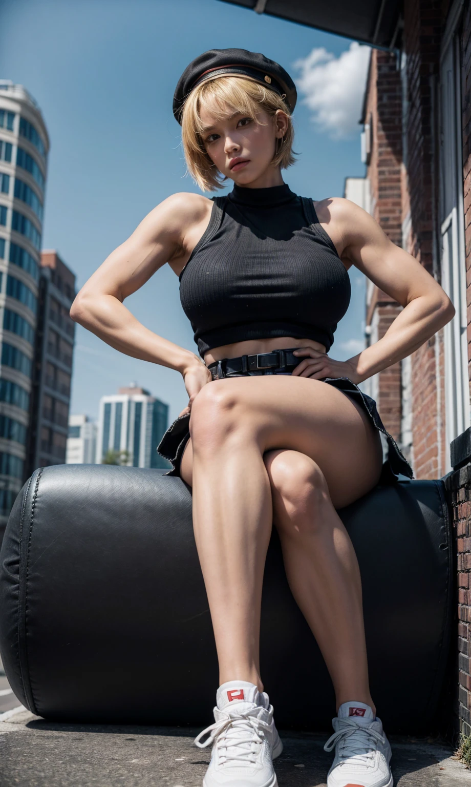 Best Quality, hight resolution, shoot from below, a tomboy fighter with a tiny man standing beside her, very tall girl, huge giantess girl and a tiny man stand beside her, muscular, tough girl, abs, biceps, fierce looks, red eyes, her hair is blonde pixie short hair with a white pilot hat, wearing white denim Vest, open vest, Black tank top, white short jeans, wearing sport shoes, huge giantess girl sitting crossed legs on a car roof, long legs, thick thicc, fair light skin, full body pictures, perspective from below, and a guy height to her waist