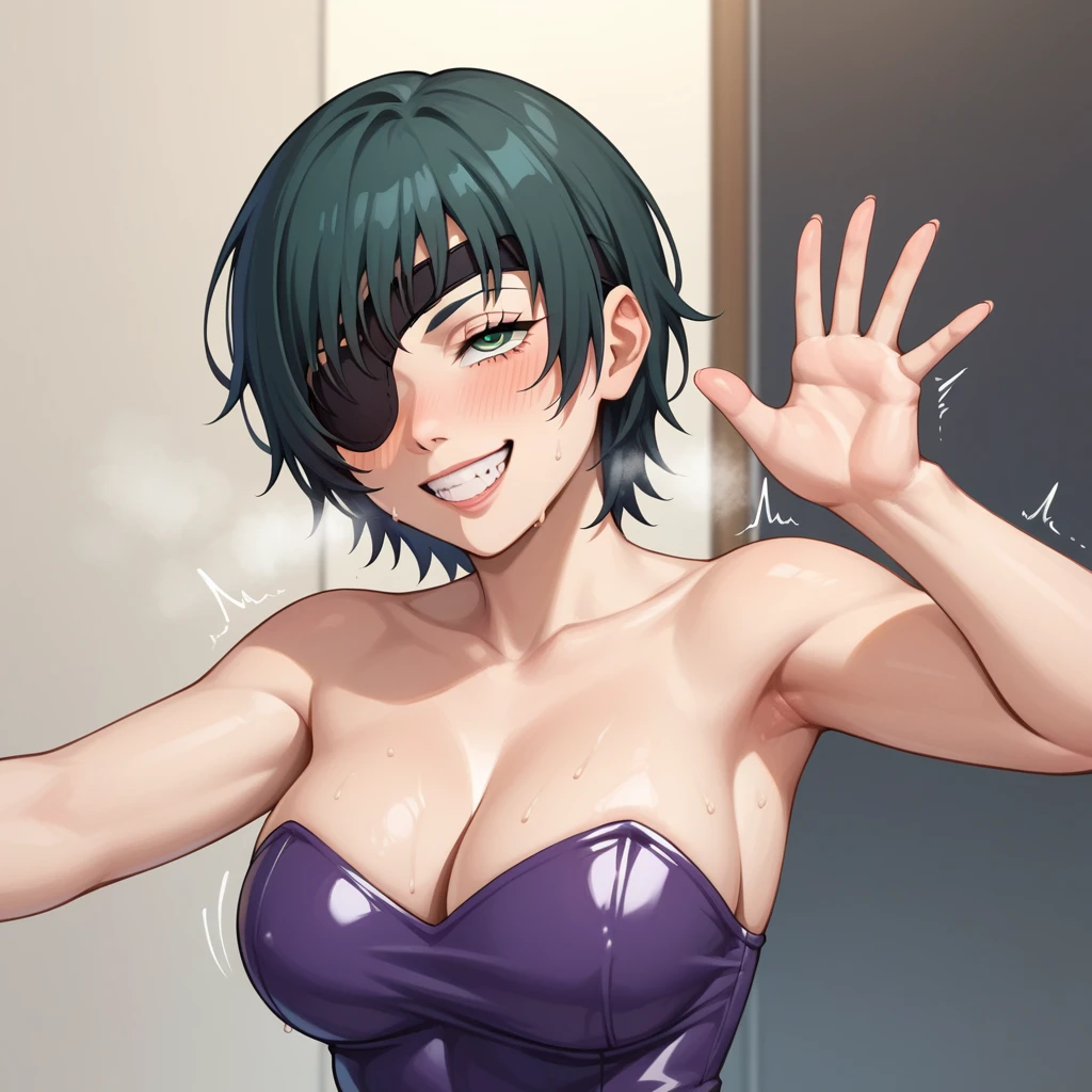 mature female, mature, Adult, himeno, himeno(Chainsaw Man), 1girl, black hair, short hair, eyepatch, solo, naughty face, argasm, rolling_eyes, cross-eyes, grin, nsfw, Villains, Spread arms, Raise arms, shaking body, waving body, blush, aroused, in heat, night, Dark, latex purple leotard, masterpiece, Top animation quality，Top image quality,