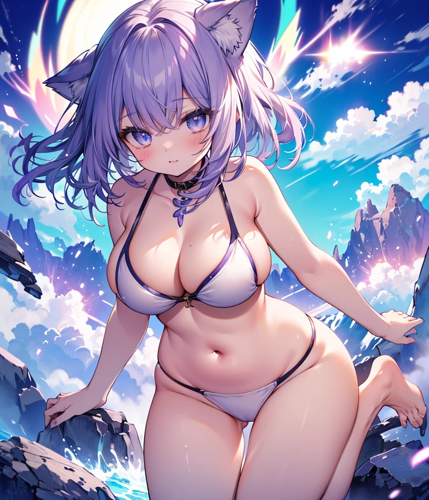 (((Mastepiece)), ((Highest quality)), (Ultra high definition),((sexy)), (Sexy), ((Ultra high definition)), 4K, (8K), Highest quality, Anime Style, Painting, Dynamic Angle, Cowboy Shot, Emphasize cleavage、Swimwear、Cat porridge、Purple hair color、Swimwear、The soles of the feet are visible、Spread your legs、Wide-open legs、Showing off big breasts、nude、Big Breasts美しい全身、Plump thighs、Footjob Gradient, Full Body Focus, ランダムに色のBeautiful Eyes, ((Beautiful Eyes)), White skin, Random hairstyle, Butt, A big bust that seems to burst, Big Breasts