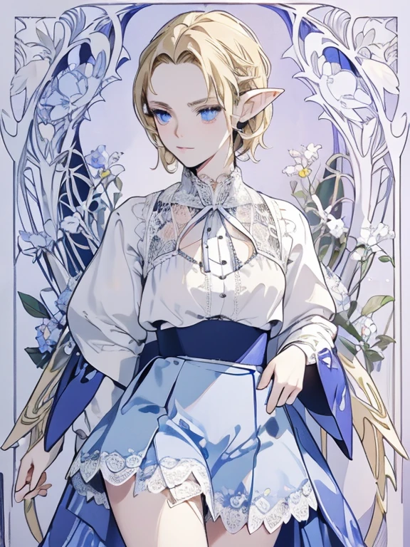 masterpiece, Highest quality, Very detailed, 16K, Ultra-high resolution, Cowboy Shot, (art nouveau:1.5), 13-year-old girl, Detailed face, blue eyes, Blonde, short hair, Elf Ears, White blouse, sweater, Best, (Checkered lace skirt:1.4)