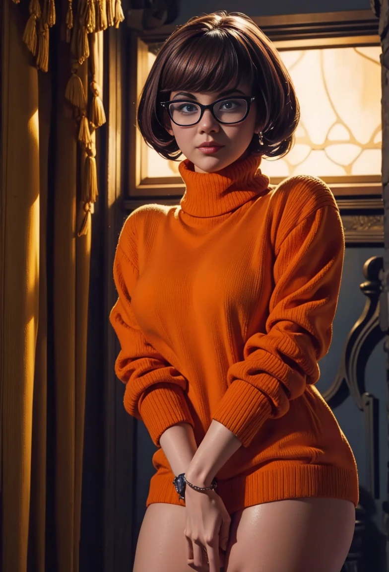 sensuous Velma from Scooby Doo with big  and square glasses wearing a tight orange turtleneck sweater, naughty, slutty, neckleace, in a haunted house, athletic and fit body, naughty, perfect hands, detailed hands, perfects eyes, detailedeyes,  Provocative, sensuous, naughty, big happy , realisitic, hdr, ultra HD, dynamic