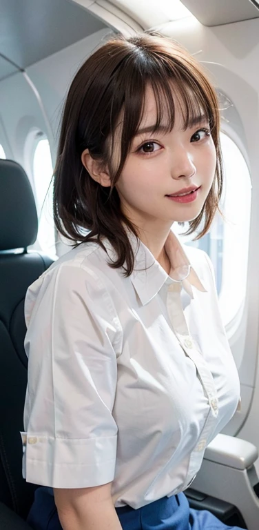 masterpiece, One beautiful girl, Detailed eyes, Swollen eyes, Highest quality, 超High resolution, (reality: 1.4), Original photo, One girl, Cinema Lighting, Japanese, Asian Beauty, Korean, Very very beautiful, Beautiful skins, thin, Front facing body, (超reality的な), (High resolution), (8k yen), (Very detailed), (Best illustrations), (Beautiful and detailed eyes), (Ultra-detailed), Detailed face, Looking at the audience, Look straight ahead, Neat Clothing, No sleeve、Put your hair up、Black-haired、Large Breasts、46 point diagonal bangs、White background、Clean room、(Stewardess uniform、In-flight、pantyhose、Laughter、Breasts are breaded、The blouse fits perfectly、Her breasts are large and her blouse is stretched