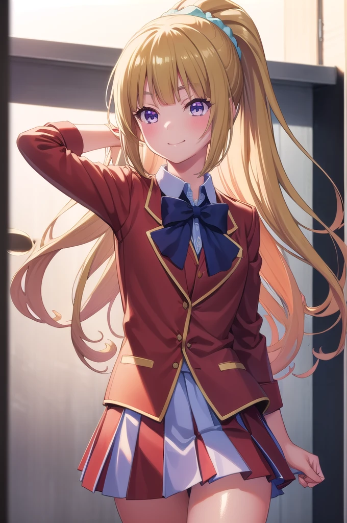 keikaruizawa, kei karuizawa, Long Hair, bangs, blunt bangs, (Purple eyes:1.1), Blonde, shirt, hair ornaments, ponytail, Scrunchie, blue Scrunchie, smile, break skirt, shirt, bow, , Jacket, (red Jacket:1.2), Pleated skirt, bowtie, sweater, (blue bow:1.2), (blue shirt:1.2), break indoors, classroom, break looking at viewer, (Cowboy Shot:1.5), break (masterpiece:1.2), Highest quality, High resolution, unity 8k wallpaper, (figure:0.8), (Beautiful attention to detail:1.6), Highly detailed face, Perfect lighting, Highly detailed CG, (Perfect hands, Perfect Anatomy), , (3D Face:1.1), (Shiny skin:1.5), (超High resolution intricate face details), (Facial skin pores:1.3), 超High resolution cloth texture, 大きなsmile、Blushing、Open your mouth, Showing off her perfect legs