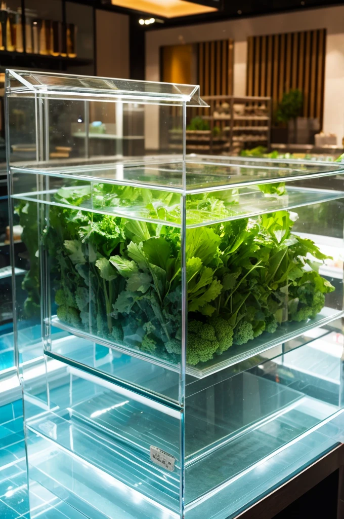 Water and fresh vegetables in a transparent glass case