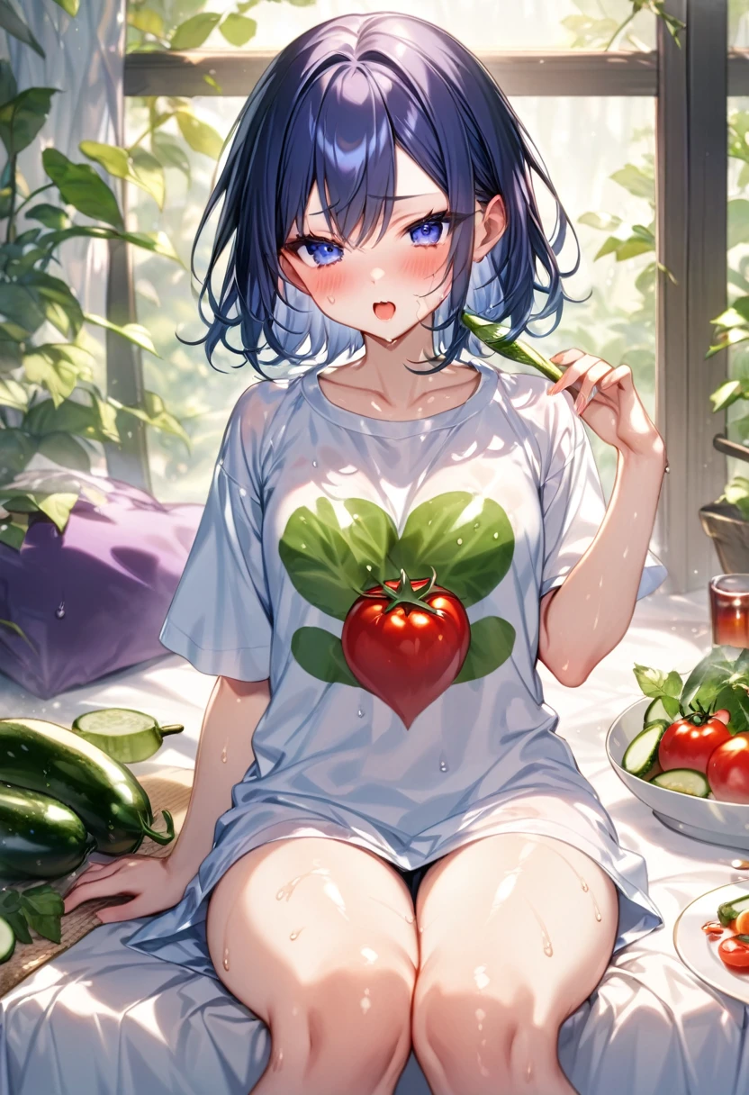 (masterpiece, best quality:1.1),
masterpiece, best quality, A girl eating raw summer vegetables, eggplant and tomatoes and cucumbers,great joy,Heart,in kichen,BREAK (tween,detailed face,(darkblue wavy-short hair),parallel eyebrows,middle small breasts),oversized t-shirt,slutty,shiny skin,sweat,