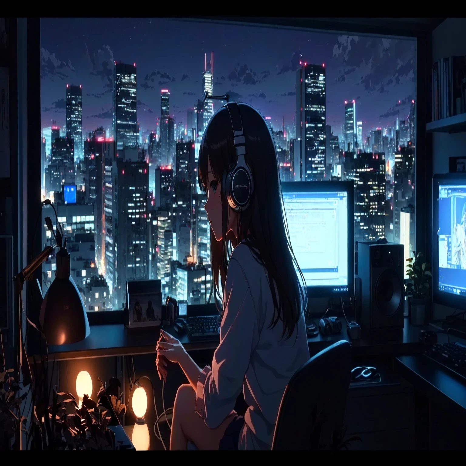 "Anime girl sitting in front of computer in cozy bedroom (seen from behind), Alfa Romeo on computer monitor, girl listening to music with headphones in cozy room at night, girl enjoying beautiful countryside night view from window, surrounded by many Girl surrounded by many things, Alfa Romeo Giulia poster on wall, 2D animation style, 90s animation aesthetic, lo-fi, high detail, with hard disk, mix of animation style and Fujifilm, hyperrealistic, 8K, masterpiece."