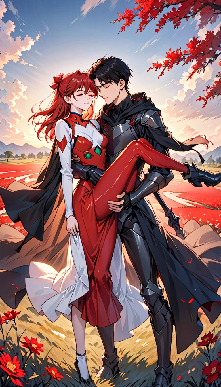 A dramatic fantasy scene at sunset in a crimson grass field. A young, attractive man with short black hair, pale skin, and red-pupiled eyes is carrying an unconscious, beautiful woman in his arms. The man wears a dark medieval armored outfit with a black cape and black hood. The woman wears an imperial-style full red dress with golden armor accents, but it is damaged, revealing her slender, sensual figure. She resembles Asuka Langley from Evangelion, but without any futuristic or technological elements - the style should be completely medieval/fantasy. The two characters are facing the viewer, with the man having a determined, confident expression while the woman is completely unconscious and eyes closed. Ensure the anatomy and positions of the two separate characters are natural and realistic, without any fusion or unnatural limb placements.