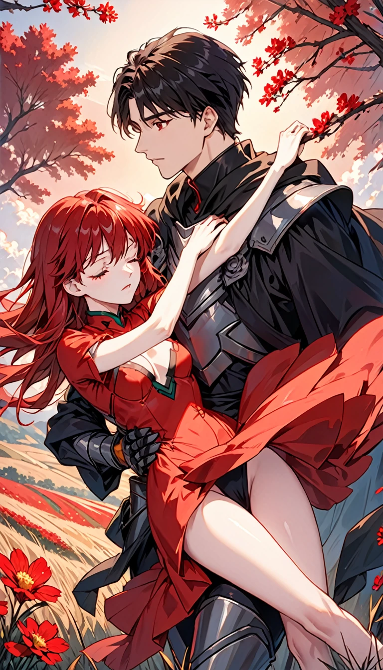 A dramatic fantasy scene at sunset in a crimson grass field. A young, attractive man with short black hair, pale skin, and red-pupiled eyes is carrying an unconscious, beautiful woman in his arms. The man wears a dark medieval armored outfit with a black cape and black hood. The woman wears an imperial-style full red dress with golden armor accents, but it is damaged, revealing her slender, sensual figure. She resembles Asuka Langley from Evangelion, but without any futuristic or technological elements - the style should be completely medieval/fantasy. The two characters are facing the viewer, with the man having a determined, confident expression while the woman is completely unconscious and eyes closed. Ensure the anatomy and positions of the two separate characters are natural and realistic, without any fusion or unnatural limb placements.