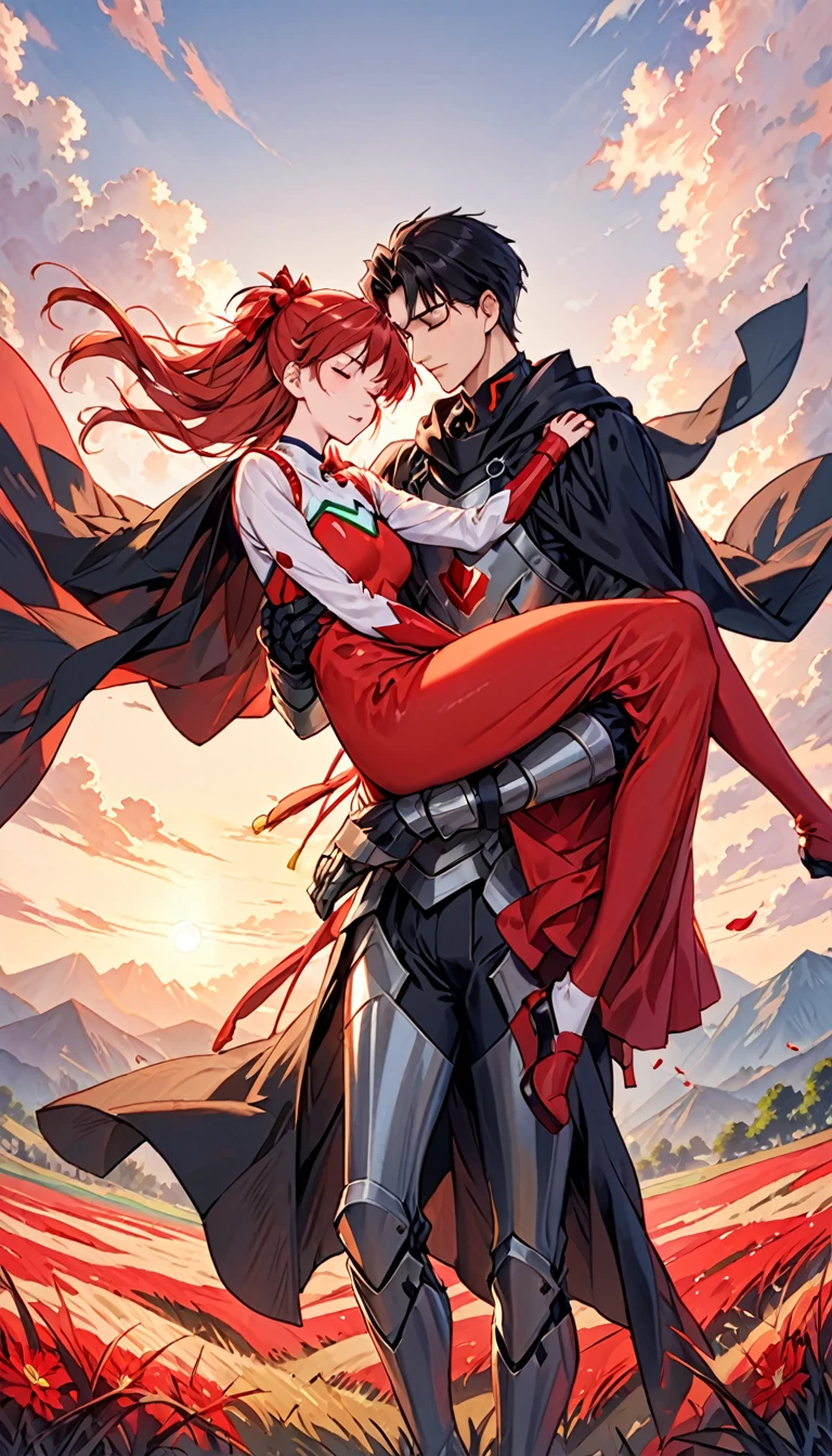 A dramatic fantasy scene at sunset in a crimson grass field. A young, attractive man with short black hair, pale skin, and red-pupiled eyes is carrying an unconscious, beautiful woman in his arms. The man wears a dark medieval armored outfit with a black cape and black hood. The woman wears an imperial-style full red dress with golden armor accents, but it is damaged, revealing her slender, sensual figure. She resembles Asuka Langley from Evangelion, but without any futuristic or technological elements - the style should be completely medieval/fantasy. The two characters are facing the viewer, with the man having a determined, confident expression while the woman is completely unconscious and eyes closed. Ensure the anatomy and positions of the two separate characters are natural and realistic, without any fusion or unnatural limb placements.