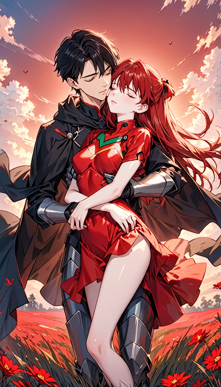 A dramatic fantasy scene at sunset in a crimson grass field. A young, attractive man with short black hair, pale skin, and red-pupiled eyes is carrying an unconscious, beautiful woman in his arms. The man wears a dark medieval armored outfit with a black cape and black hood. The woman wears an imperial-style full red dress with golden armor accents, but it is damaged, revealing her slender, sensual figure. She resembles Asuka Langley from Evangelion, but without any futuristic or technological elements - the style should be completely medieval/fantasy. The two characters are facing the viewer, with the man having a determined, confident expression while the woman is completely unconscious and eyes closed. Ensure the anatomy and positions of the two separate characters are natural and realistic, without any fusion or unnatural limb placements.