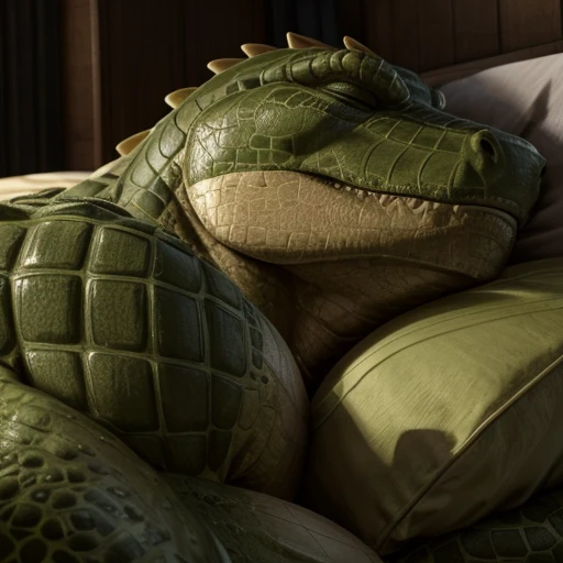 A muscle green male alligator, a muscle green male lizardmen , sleeping, detailed face, very close face, head on pillow