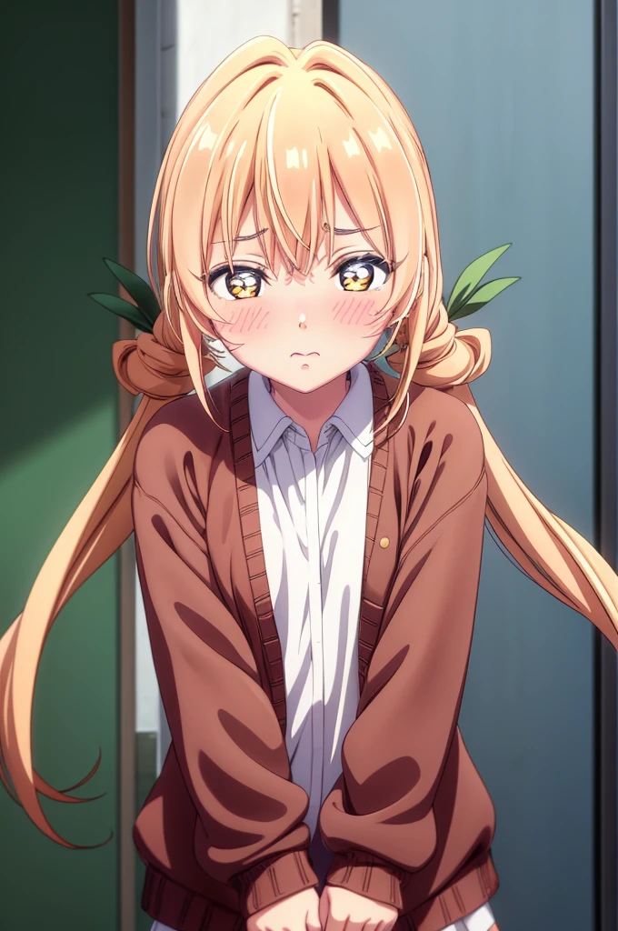 1girl, blonde hair, blush, cardigan, full-face blush, hair between eyes, long hair, long sleeves, looking at viewer, low twintails, , shirt, solo, twintails, upper body, white shirt, yellow eyes