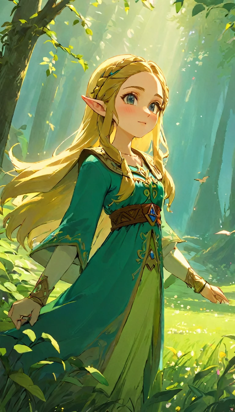 Highest quality、masterpiece、The Legend of Zelda、Princess Zelda、Female Adventurer, whole body, Game Art Style, (masterpiece), Highest quality, High resolution, 4K, 8K, Detail View, Intricate details, Cinema Lighting, Great quality, 1 Girl, bird、Bird、Flipping herbs、Close your eyes and sing passionately、Elf Ears、Ash Blonde Hair, Great shade, Soft lighting, Facing camera, Perfect Eyes