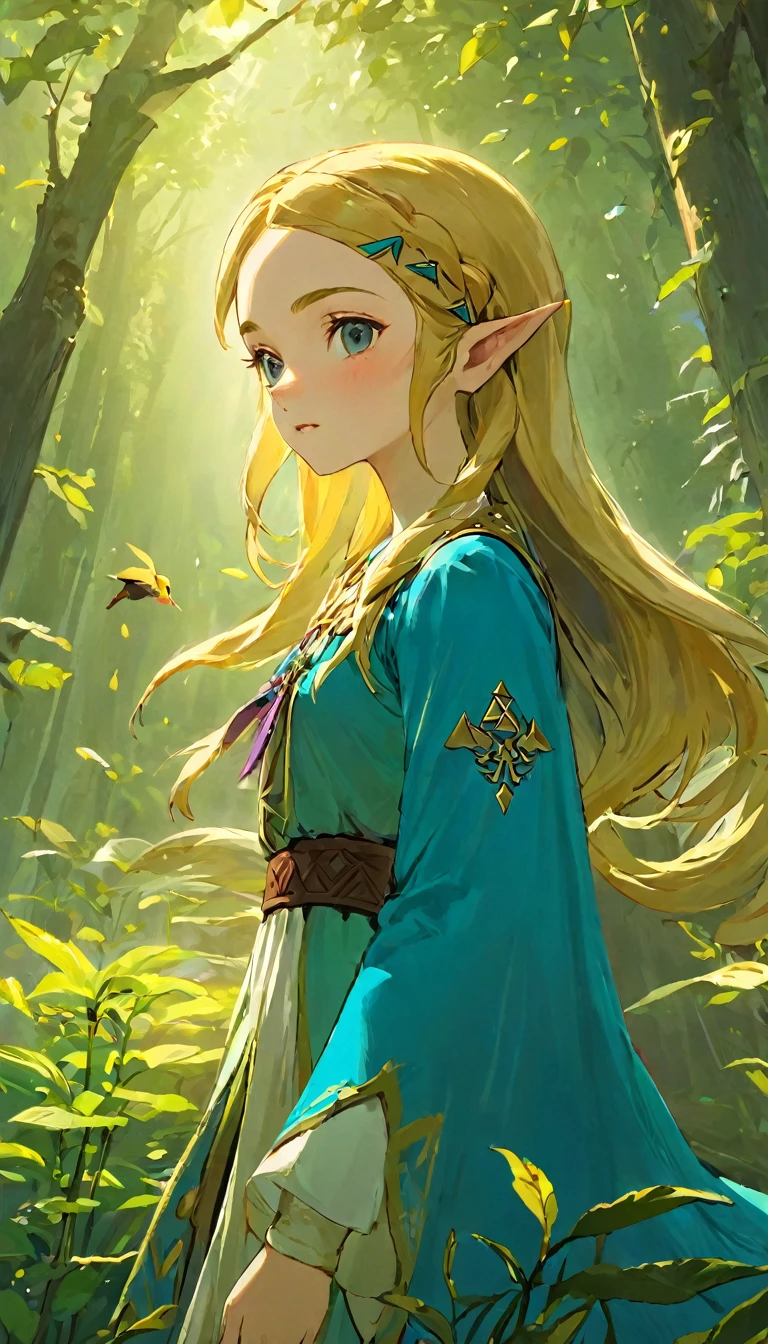 Highest quality、masterpiece、The Legend of Zelda、Princess Zelda、Female Adventurer, whole body, Game Art Style, (masterpiece), Highest quality, High resolution, 4K, 8K, Detail View, Intricate details, Cinema Lighting, Great quality, 1 Girl, bird、Bird、Flipping herbs、Close your eyes and sing passionately、Elf Ears、Ash Blonde Hair, Great shade, Soft lighting, Facing camera, Perfect Eyes