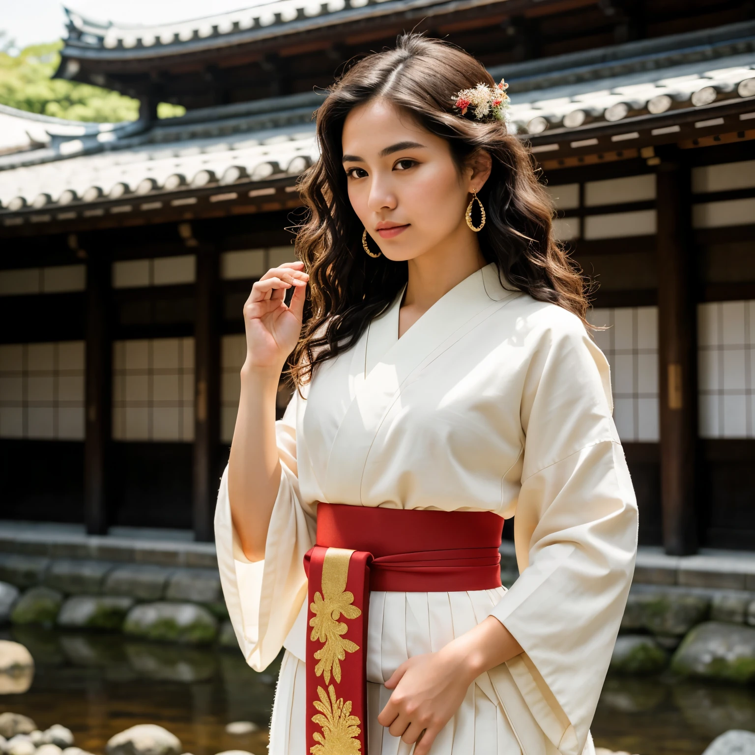 ((best quality)), ((masterpiece)), (detailed), full body portrait ofa young latin woman with wavy dark hair, flawed skin and a slender body type in a traditional japanese cultural dress, posing at a historical landmark, in Kyoto, Japan, shot with Sony Alpha A6500 1.4f, bokeh, highly detailed, masterpiece, perfect hands, perfect face, five fingers,