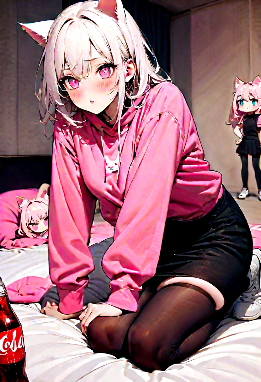 I have white pink hair, cat ears, A good, my face is super red, black glasses, pink heart eyes, a big pink sweatshirt, a black skirt, black stockings, White shoes, A cat&#39;s cola, a woman. Very shy in his bed on his knees, his bubbles grab you