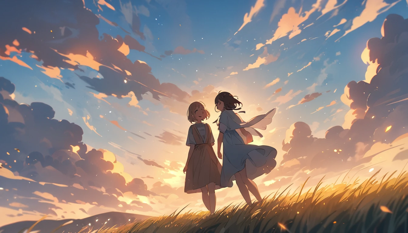 masterpiece, Highest quality, Movie stills, 1 Girl, Cloud Girl,Two Girls, Two good friends , Floating in the sky, close, bright, Happy, Warm and soft lighting, blue sky, (spark:0.7), Vast grassland