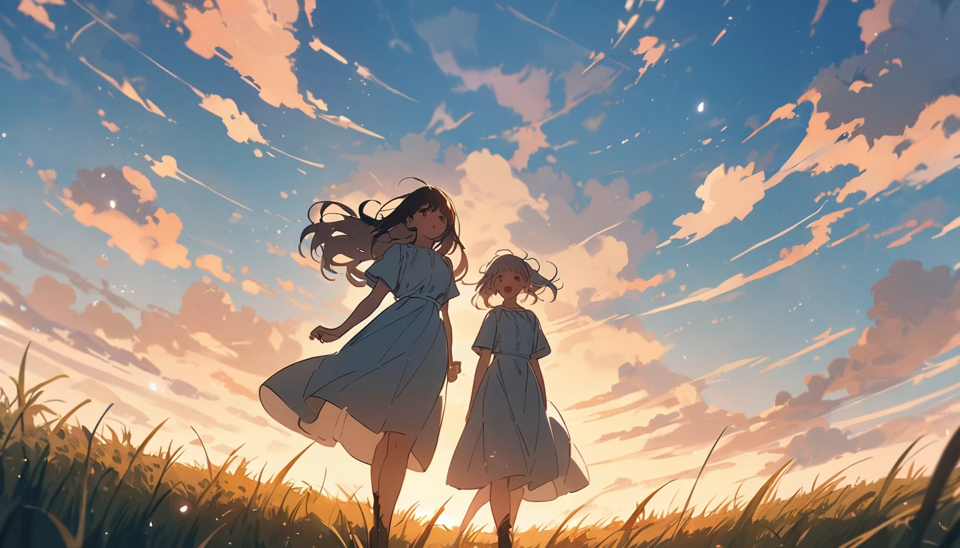 masterpiece, Highest quality, Movie stills, 1 Girl, Cloud Girl,Two Girls, Two good friends , Floating in the sky, close, bright, Happy, Warm and soft lighting, blue sky, (spark:0.7), Vast grassland