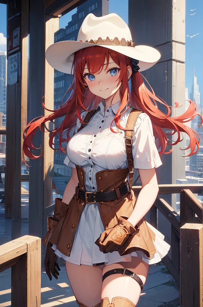score_9, score_8_superior, score_7_superior, とてもbeautiful, sauce_anime, detailed, high quality, beautiful, masterpiece, detailed eyes,
Cityscape, Blurred Background,
Cowboy Shot, superiorper body,
Hat Adjustment, A light smile, Mouth closed, 
, Redhead, ponytail, blue eyes, freckles, Side Lock, 
belt, Thigh straps, Cowboy hat, Cowboy boots, Fringe trim, gloves, mini skirt,  Short sleeve,