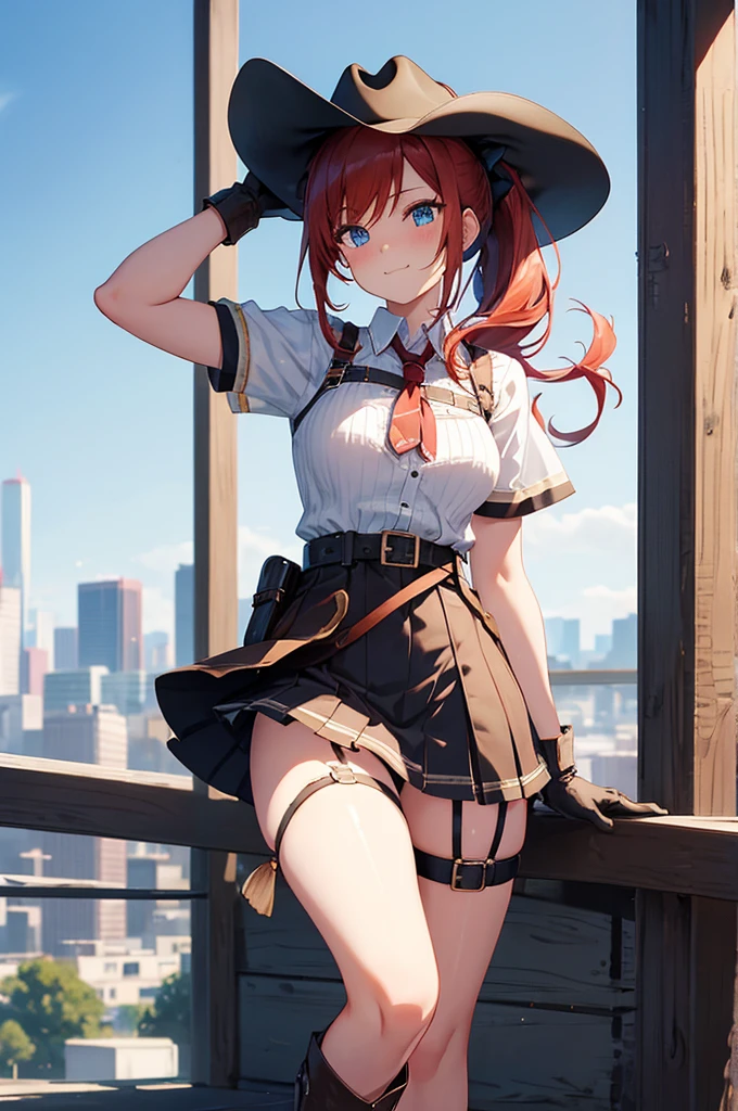 score_9, score_8_superior, score_7_superior, とてもbeautiful, sauce_anime, detailed, high quality, beautiful, masterpiece, detailed eyes,
Cityscape, Blurred Background,
Cowboy Shot, superiorper body,
Hat Adjustment, A light smile, Mouth closed, 
, Redhead, ponytail, blue eyes, freckles, Side Lock, 
belt, Thigh straps, Cowboy hat, Cowboy boots, Fringe trim, gloves, mini skirt,  Short sleeve,