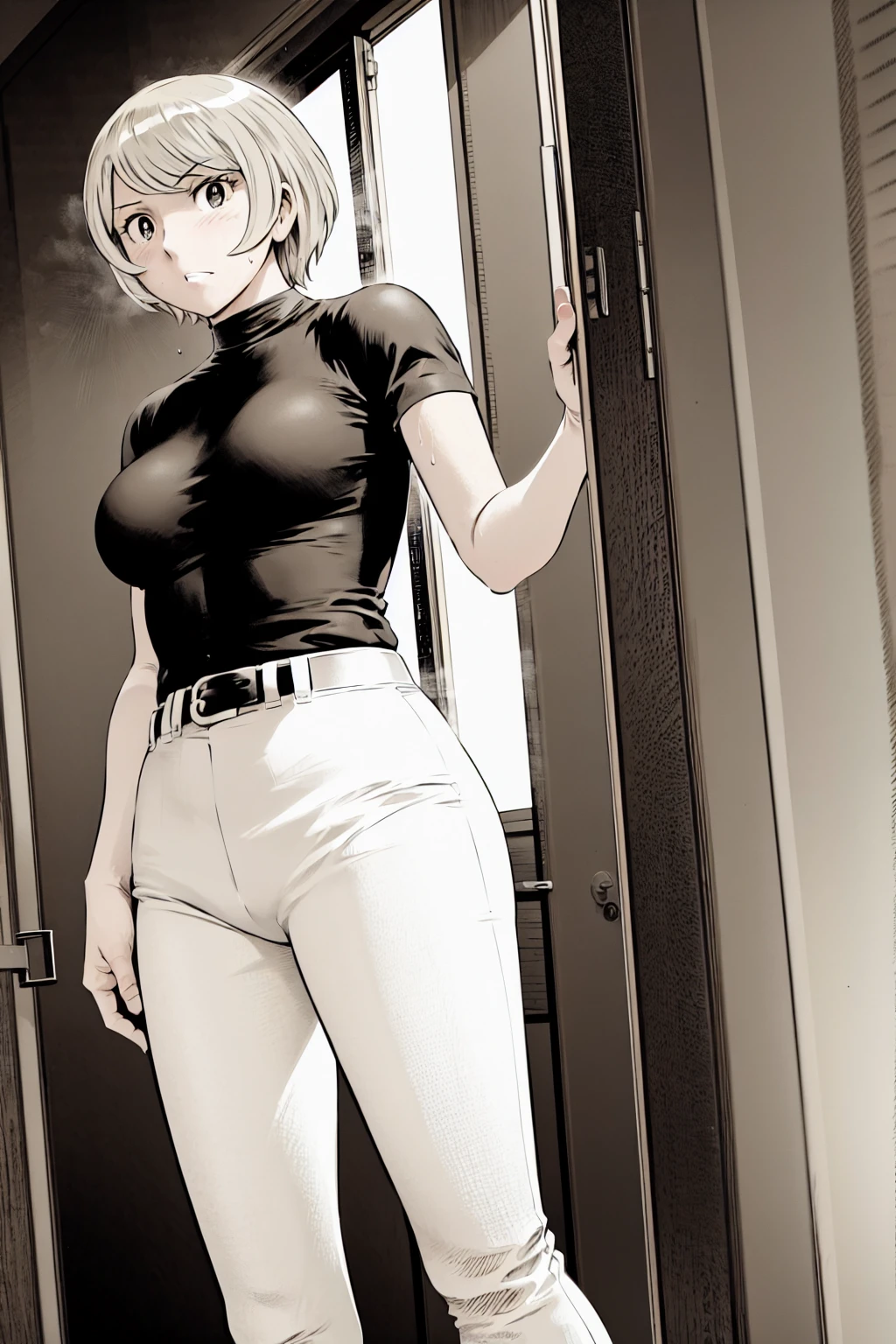、(masterpiece、Highest quality)、Highest quality, Ultra-high resolution, (((masterpiece))), alone, Sweat、Big eyes,Tight black shirt、Tight white pants、belt、indoor、Composition from the front、(Cut the back hair short、short hair、blonde、woman)、Shortcuts、Embarrassed face、Cut your hair short、可愛いwomanの子、Big Breasts、office