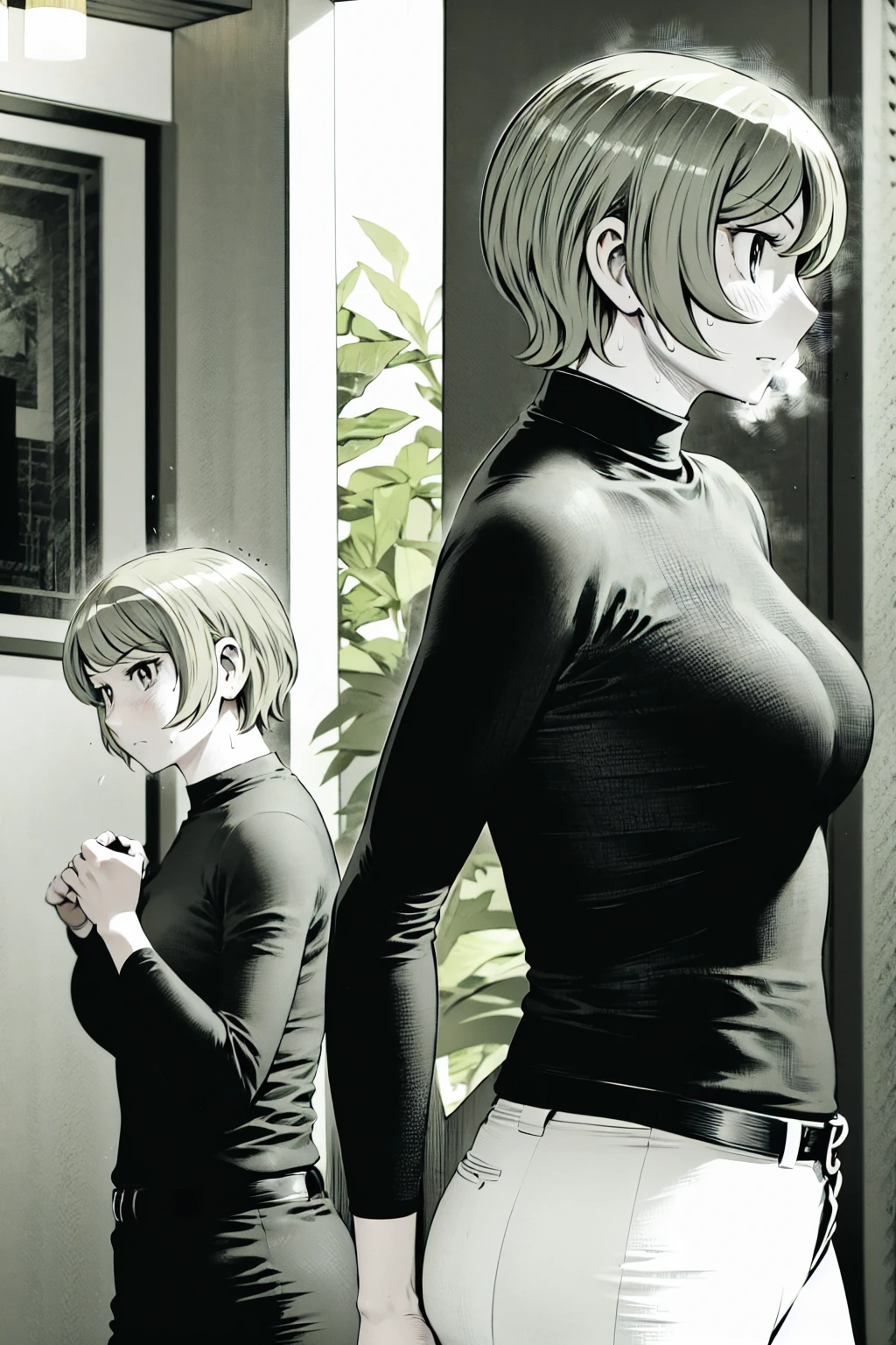、(masterpiece、Highest quality)、Highest quality, Ultra-high resolution, (((masterpiece))), alone, Sweat、Big eyes,Tight black shirt、Tight white pants、belt、indoor、Composition from the front、(Cut the back hair short、short hair、blonde、woman)、Shortcuts、Embarrassed face、Cut your hair short、可愛いwomanの子、Big Breasts、office