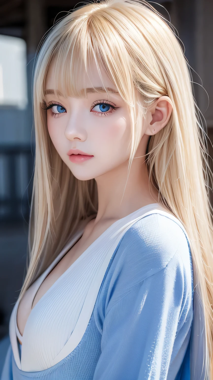 Shiny blonde hair is dazzlingly sexy、A cute and beautiful 、Shiny hair dancing in front of a pretty face、Long, silky bangs that cover the eyes、Hair that hides the face、Too long hair、Sexy cute young woman、Super long blonde shiny bright hair、Very white and bright skin、Beautiful Skin、Gloss Face、Cheek gloss、Small Face Beauty、Bright pale sky blue eyes、Very big eyes、Bright expression、Large Breasts、、Sailor suit