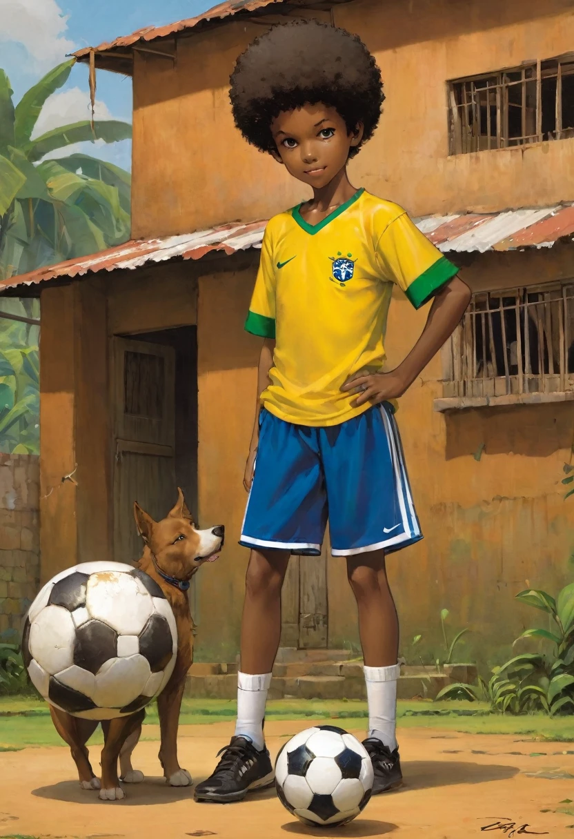 A poor Afro-Brazilian boy in a typical Brazilian house drawn by Todd McFarlane and Greg Capullo, he is wearing old and torn clothes, he is playing with a soccer ball and playing with his dog, a backyard of a typical Brazilian house in the background, dog turns into typical Brazilian caramel can, the dog tries to bite the ball, Robert Downey Jr Reference.., engine unreal, octane rendering, por Jacob Lawrence e Francis picabia, perfect composition, beautiful detailed intricate insanely detailed octane rendering trending on artstation, 8k art photography, photorrealistic concept art, soft natural volumetric cinematic perfect light, Bright dark, rewarded photography, artwork, oil on canvas, rafael, caravaggio, Greg Rutkowski, beetle, Beksinski, giger, beautiful perfect face with perfect face, with two large central incisors and visible gums, the detail, highy detailed, photo realist