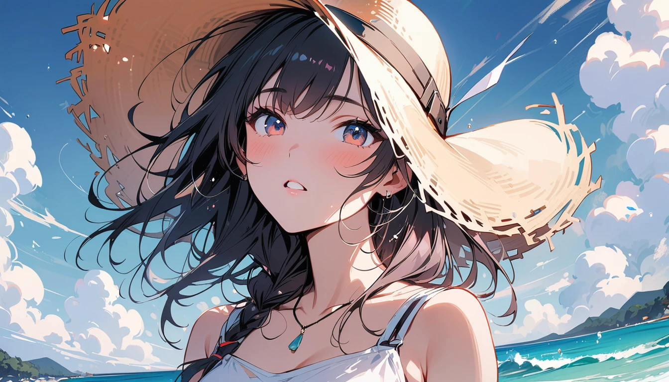 (masterpiece, Highest quality:1.2), 1 Girl, alone,Eyes open,Are you having fun,Tropical atmosphere,Ocean