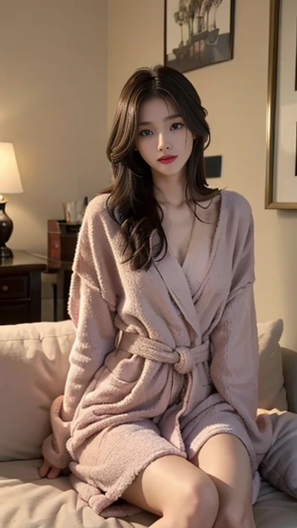 1 Girl,sofa,Soft Light,Chinese Beauty,Tight Fit,Bathrobe,,Dark-haired,long hair