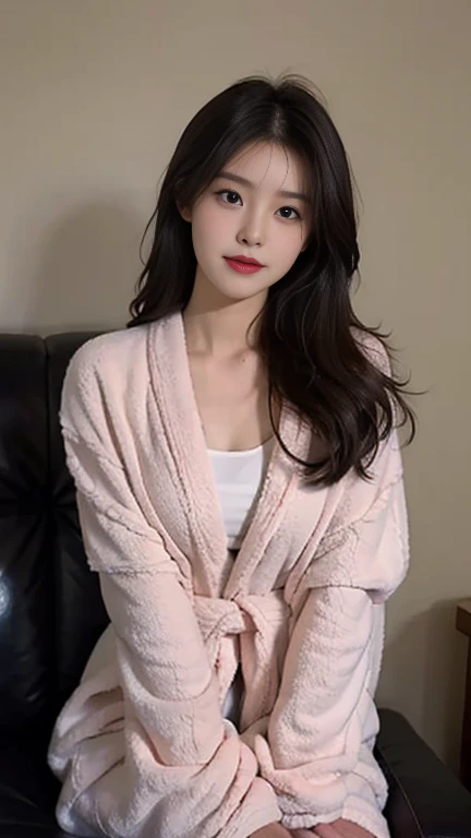 1 Girl,sofa,Soft Light,Chinese Beauty,Tight Fit,Bathrobe,,Dark-haired,long hair