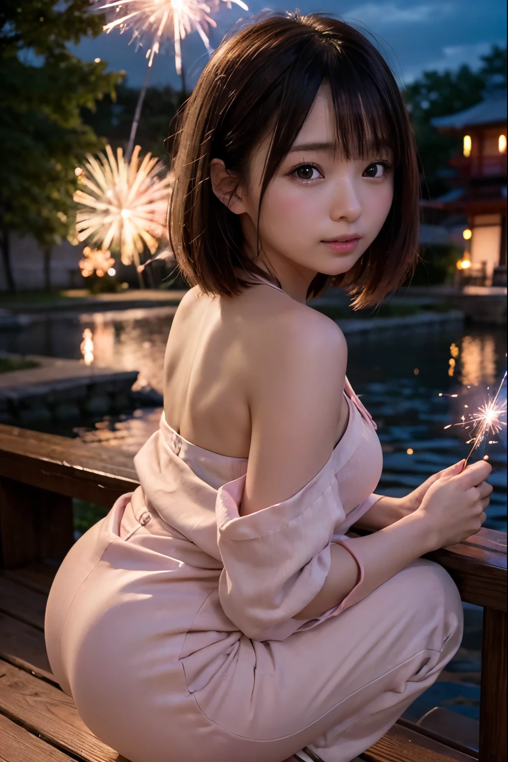 Perfectly Anatomically Correct:1.4, 5 Beautiful finger:1.4, 
1 Japanese Girl, Kawaii, Very Short Hair Bun:1.2, Wide-Set Eyes, Very White Skinned, Blush, Bashfully, 16-Year-Old, Open Mouse Slightly, 
Cute Eyes, Tareme, Brown Hair, Light Smile, 
(Japanese Sparklers Within Own Reached Arm:1.4), 
(Point Fireworks at Viewer:1.2), 
Pale Colored Yukata or Kimono or Japanese Clothes:1.6, Squatting, 
Looking Back Viewer:1.2, 
from Back, from Side, from Bellow, Dynamic Angle, 
SFW:1.0, Non-Nipple:1.0, 
 BREAK 
Light Purple Dusk, Riverside Wooden Deck, Embankment, 
 BREAK 
8K, RAW Photo, Best Quality, Masterpiece, Realistic, PhotoRealistic, Extremely Detailed 8K Wallpaper, Beautifully Detailed Eyes, Finely Detailed Face, 
 BREAK 
High-Key Lighting, Professional Lighting, Bokeh:1.0