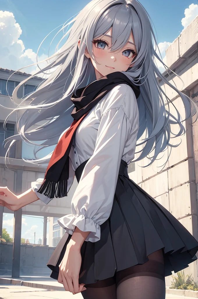 (((masterpiece:1.2, best quality, ultra detailed))),dynamic angle, cowboy shot, 1 girl, black sailor suit, long sleeves, black long skirt, red scarf, BREAK detailed pantyhose, standing, (delicate ash gray hair:1.1), blue inner color hair, flipped medium hair, detailed pretty face, light smile, detailed eyes, dramatic lighting, summer sky, sun light