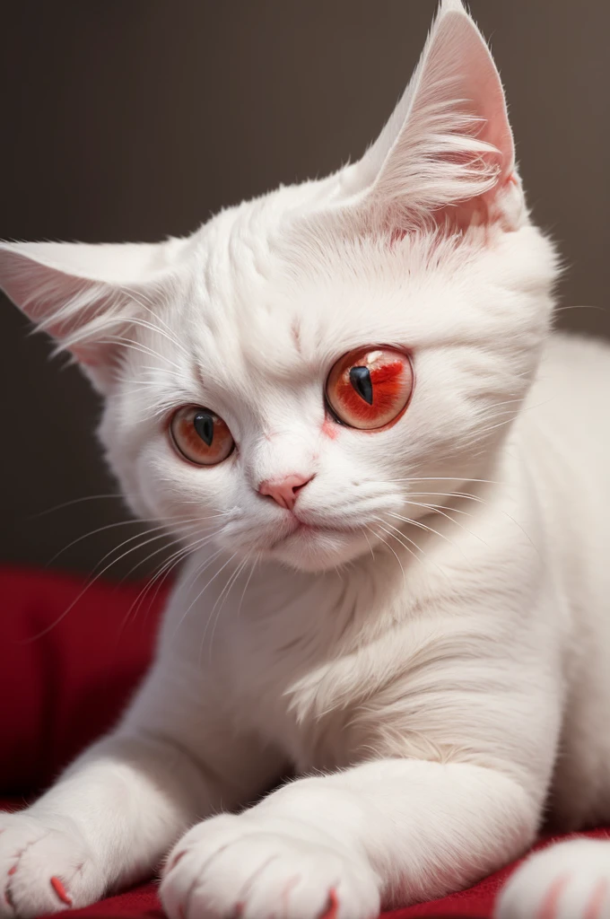 White humanoid cat with red spots and one red ear