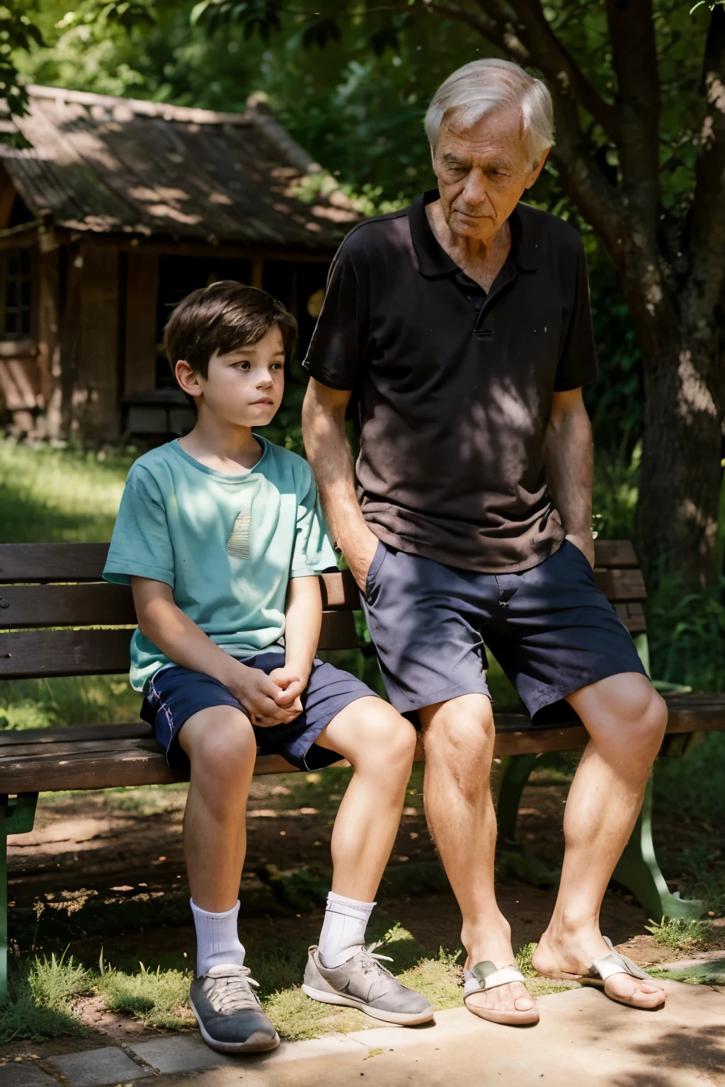 An elderly man, Eli, with a kind and wise expression, sitting on a wooden bench or under a tree. A young boy, Finn, stands in front of him, looking worried and seeking advice.