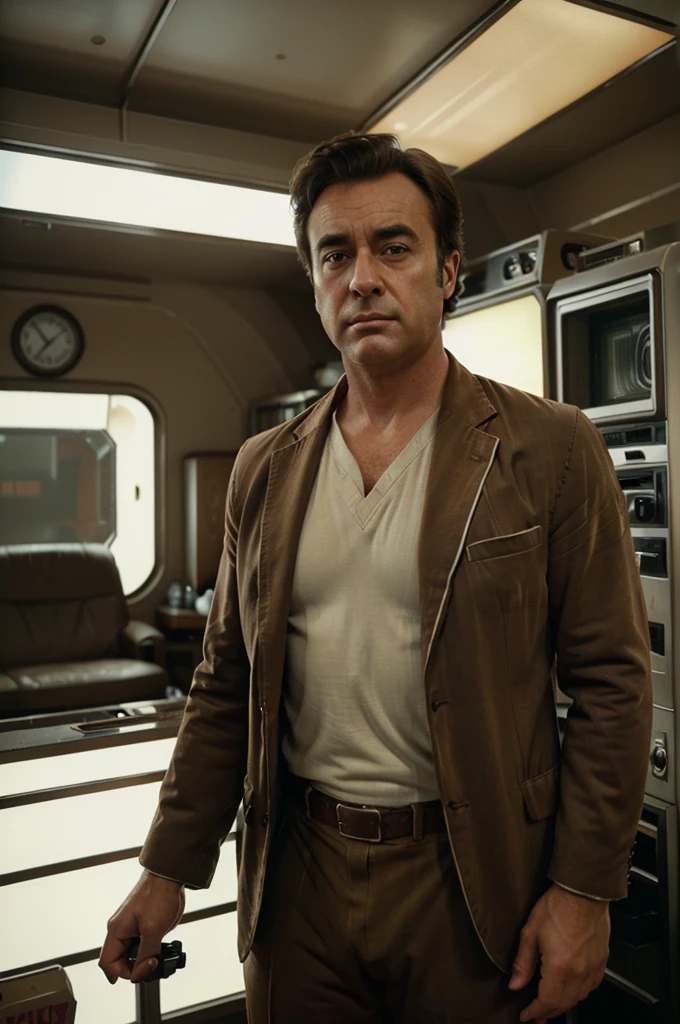 analog film photo solo, tstyle, realistic, ((vintage photo)), (((man:1.5), (male:1.5), person, 1boy, caucasian man)), (((sad,frown):1.2)), (((brown suit:1.3))), ((retro spaceship repair shop with futuristic tools and technology)), ((dynamic poses)), high detailed, (cinematic shot:1.3), PA7_Human-Likeness, (PA7_Photo-BW:1.2), 8k, clear facial features, pastel themed colorgrade, in style of Tim Walker, skin thaaopenghlis  . faded film, desaturated, 35mm photo, grainy, vignette, vintage, Kodachrome, Lomography, stained, highly detailed, found footage