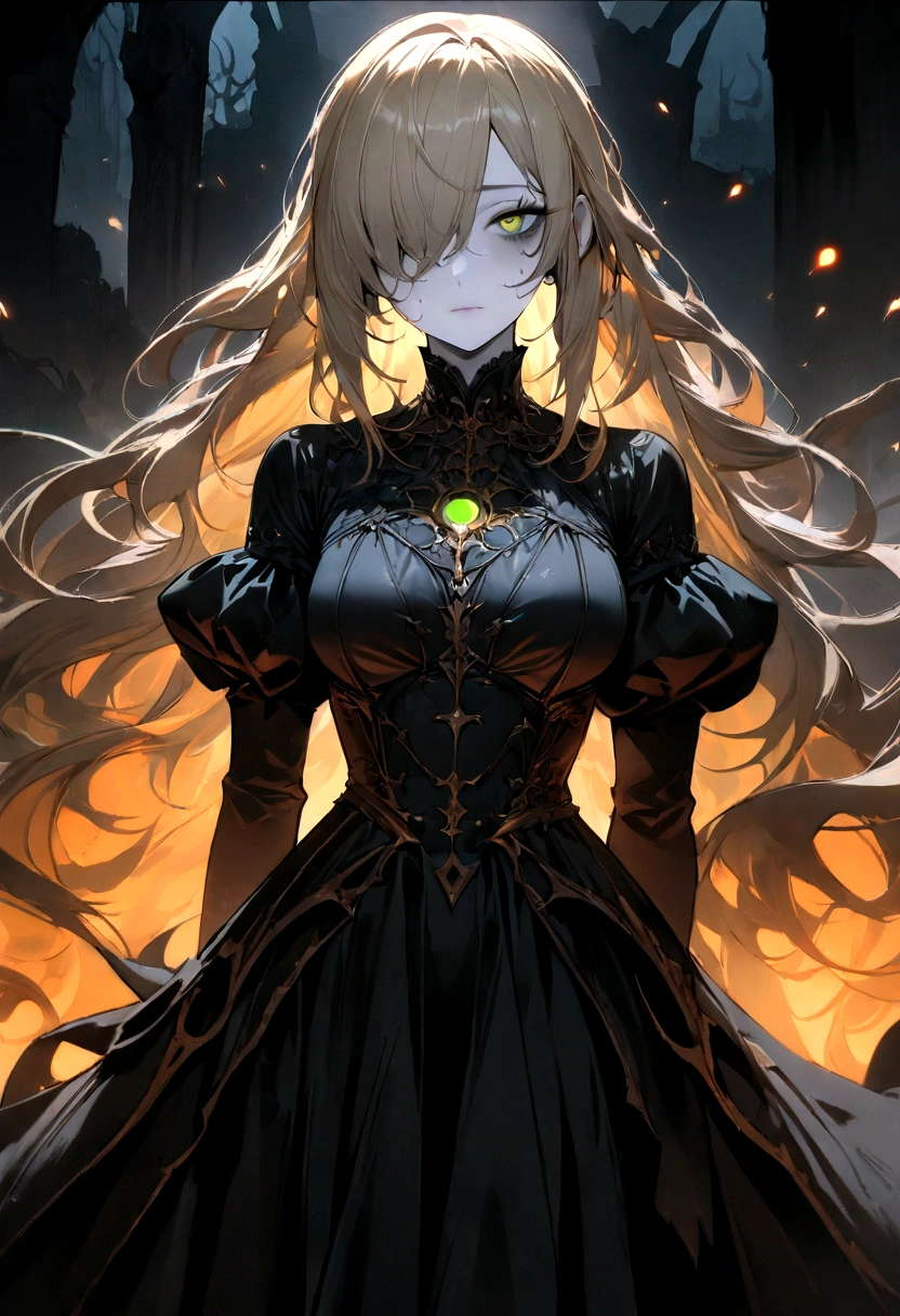 ((masterpiece, best quality)), (1girl), (solo), (female focus), (ash blonde hair, long hair, hair over one eye), green eyes, arms behind back, sad eyes, cold facial expression, cold look, gothic dress, pale skin, colour grading, dark illustration, extreme quality, radiant, extremely detailed, ultra-detailed face, ultra hd 8k, ultra digitality, mythical, dark lightning, perfect face, beautiful, (perfect composition: 1. 4), detailed face and body, award-winning photography , fields, detailed face, detailed hands, looking at the viewer, cinematic lighting, embers, fantasy background, water splashes, foggy haze, (necromancer), (villain), faux traditional media, (masterpiece, best quality, ultra-detailed, best shadow), (beautiful detailed face, feminine features), (best illumination), ((cinematic light)), colorful, hyper detail, dramatic light, intricate details, (dark circle under eyes), gothic, decadence, stunning, eerie, christian iconography