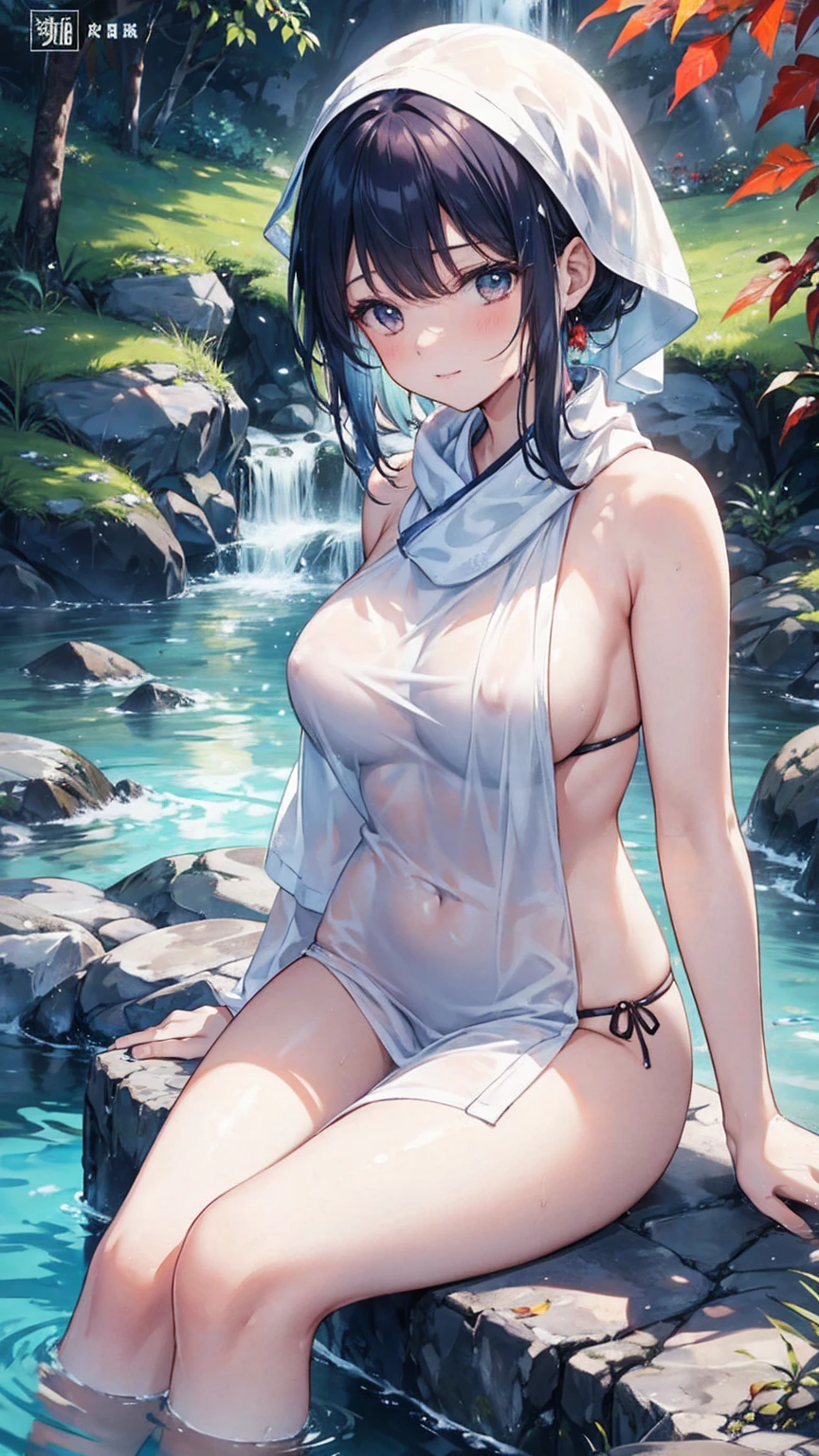 Woman relaxing in hot spring,２０generation,Yang Liang、Colored leaves、Satisfied face,Cover your hair with a towel,Beautiful light of inspiration,Elegant water flow,Soothing atmosphere,Quiet and peaceful background，Large Breasts