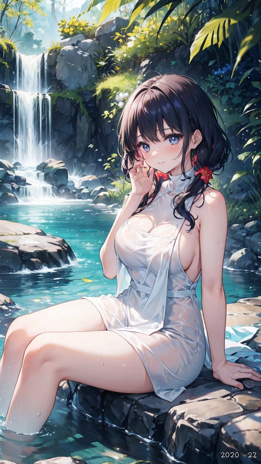 Woman relaxing in hot spring,20generation,Yang Liang、Colored leaves、Satisfied face,Cover your hair with a towel,Beautiful light of inspiration,Elegant water flow,Soothing atmosphere,Quiet and peaceful background,Large Breasts