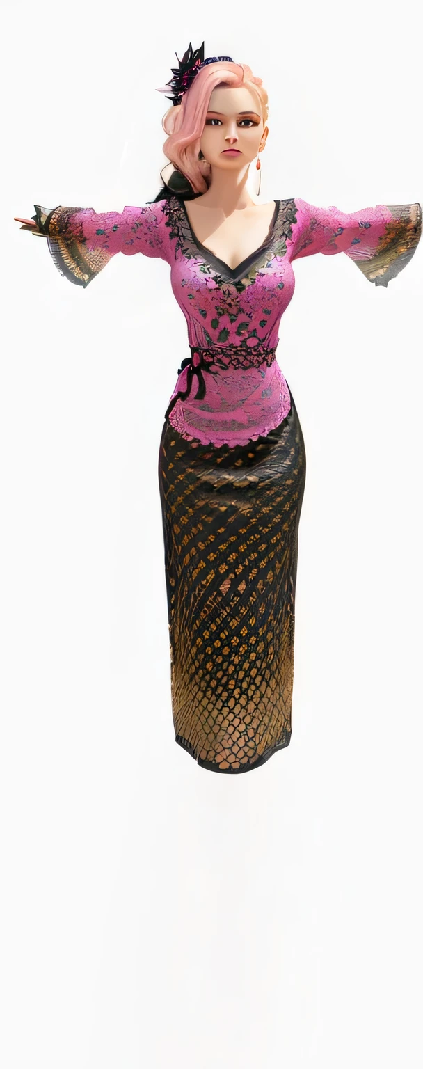 a close up of a woman in a pink and black dress, modeled in poser, idian dress, dress and cloth, detailed clothes texture, marvelous designer 3d rendered, long dress female, with 3d render, with 3 d render, cloth simulation, long dress with apron, clothes high detail, designed in blender, sarong, detailed cloth, untextured