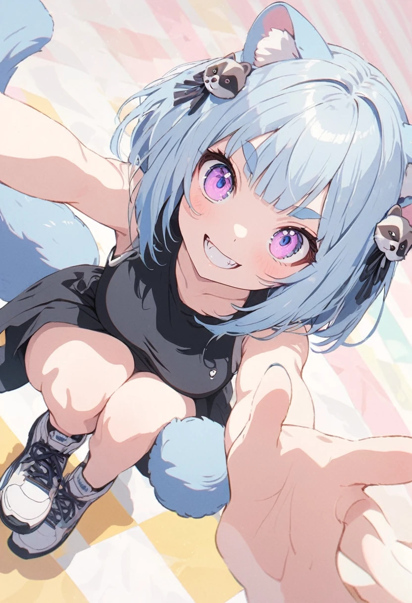 (best quarity,ultra detailed,ultra-high-resolution, absolutely resolution,8k, masterpiece),anime,(pale colors:1.8),long shot, 1girl, solo, fullbody, cat mouth, dynamic angle, grin, smile, fang, hiphop dancing, blue hair, bobcut, straight hair, racoon ears, racoon tail, (brown streaked hair:1.3), (blunt bangs) ,thick eyebrows, big breast, tanktop, sneakers, racoon tattoo, cutout, flower hair ornament, striped background, shadow,