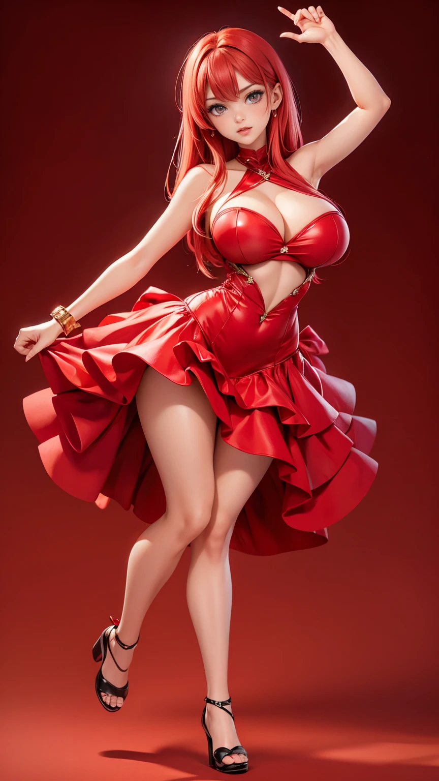 ((full_body))、Woman、red_background、big_breasts、Detailed、POP、vivid、pose、underboob、dress