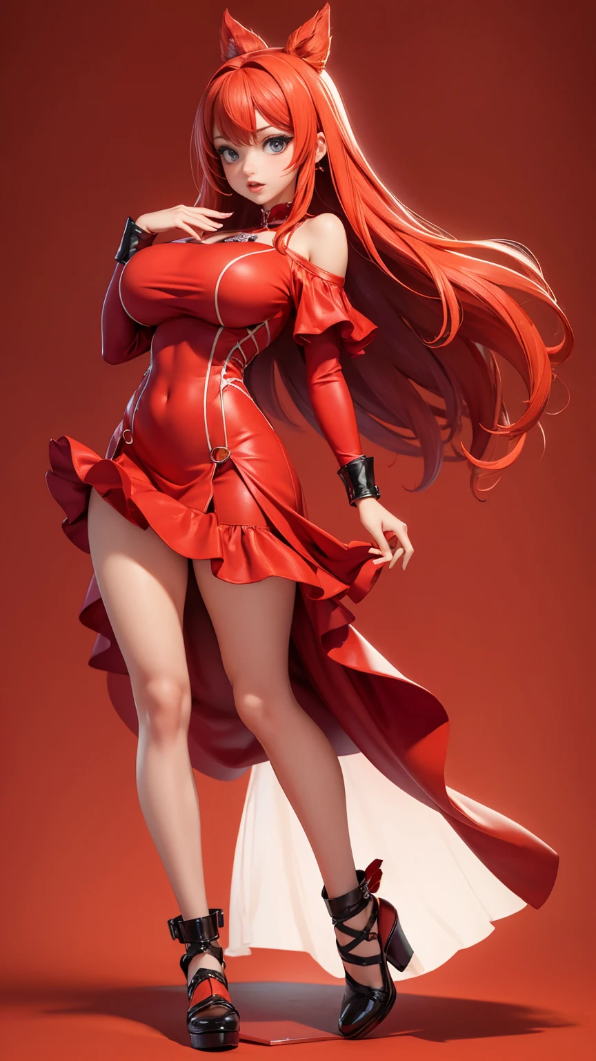 ((full_body))、Woman、red_background、big_breasts、Detailed、(dress)、POP、vivid、pose、out_tongue、underboob