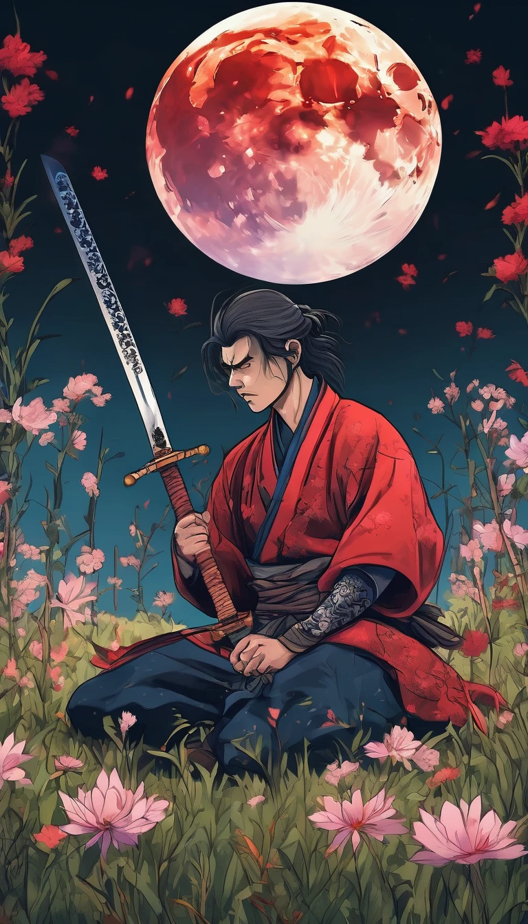 a young man kneeling in a flowery meadow, samurai, night, shining red moon, torn sword, long exposure, highly detailed, 8k, photorealistic, masterpiece, studio lighting, dramatic lighting, cinematic, moody atmosphere, vibrant colors, lush nature, intricate details