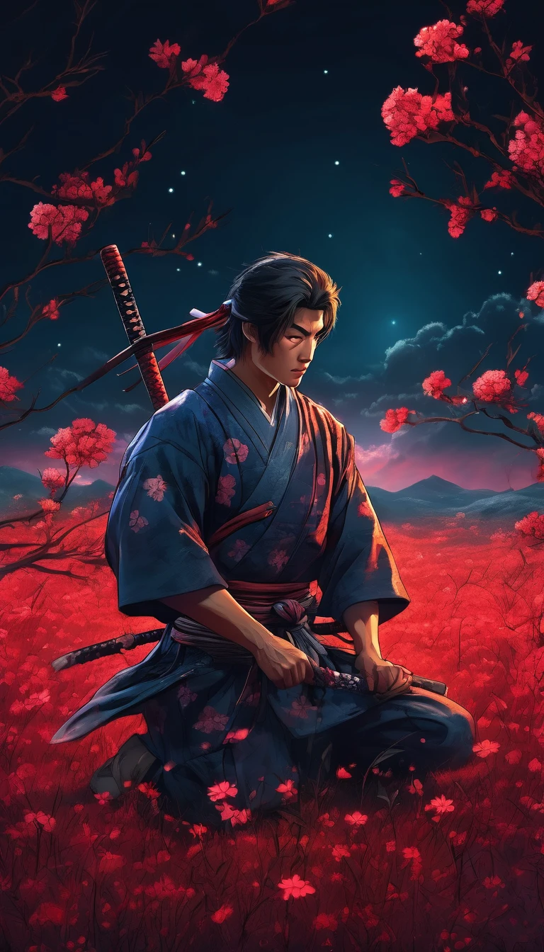 a young man kneeling in a flowery meadow, samurai, night, shining red moon, torn sword, long exposure, highly detailed, 8k, photorealistic, masterpiece, studio lighting, dramatic lighting, cinematic, moody atmosphere, vibrant colors, lush nature, intricate details