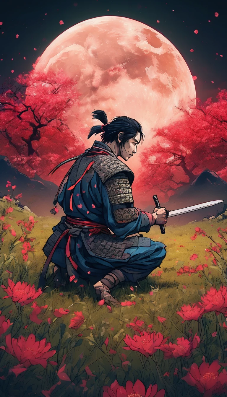 a young man kneeling in a flowery meadow, samurai, night, shining red moon, torn sword, long exposure, highly detailed, 8k, photorealistic, masterpiece, studio lighting, dramatic lighting, cinematic, moody atmosphere, vibrant colors, lush nature, intricate details