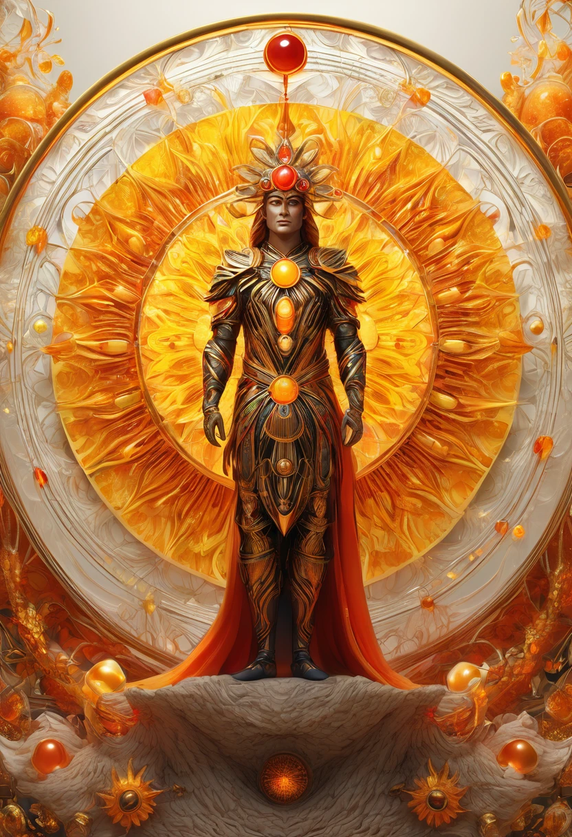 A male human figure who personifying the tarot of The Sun, he is the wealthy one, the one who give richness to all the living beings, dressed in orange, gold yellow, rich amber and amber rayed red, collecting intelligence, The Lord of the Fire of the World, Sun,1÷10×√(50)×tan(78)+125^(2)÷√(8.888), fractal,organic matter, cellular colony, deep wiew,4k resolution,hyperdetailed, masterpiece, 3d modelling, abstract art, digital art